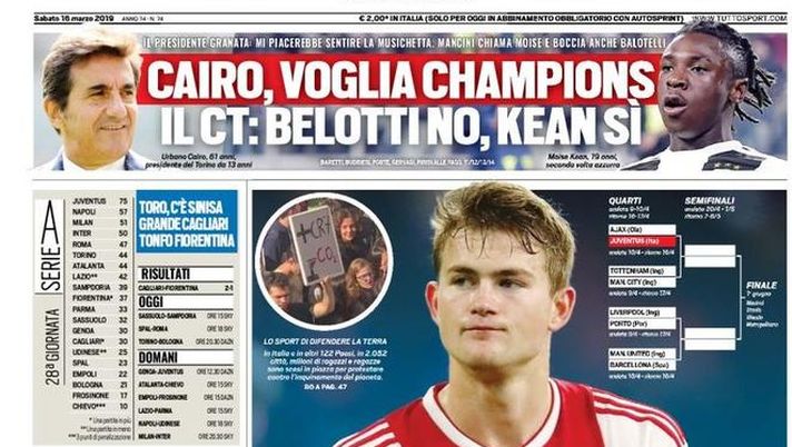 Prima Pagina, Tuttosport: “Juve, eccomi! Cairo, voglia Champions. Belotti no, Kean sì. Marotta anticrisi” Prima Pagina, Tuttosport: “Juve, eccomi! Cairo, voglia Champions. Belotti no, Kean sì. Marotta anticrisi”