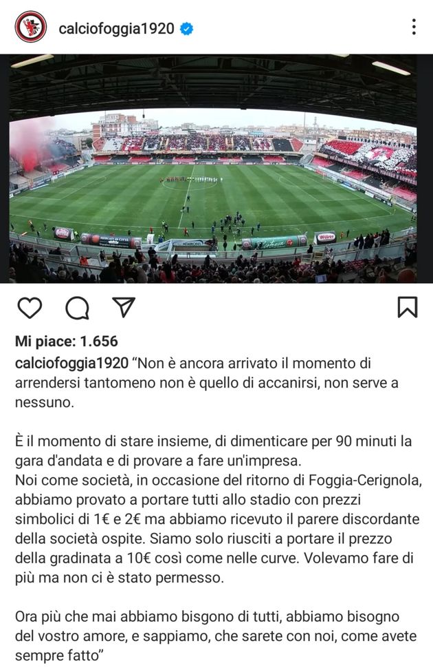 Derby di ritorno, il Foggia non “arrendiamoci”: Cerignola, divieto di trasferta per i tifosi- immagine 2
