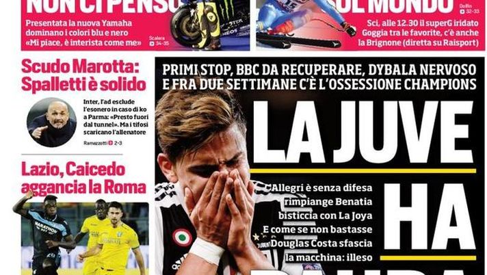 Prima Pagina, Corriere dello Sport: &#8220;La Juve ha paura. Scudo Marotta. Caicedo aggancia la Roma&#8230;&#8221; 