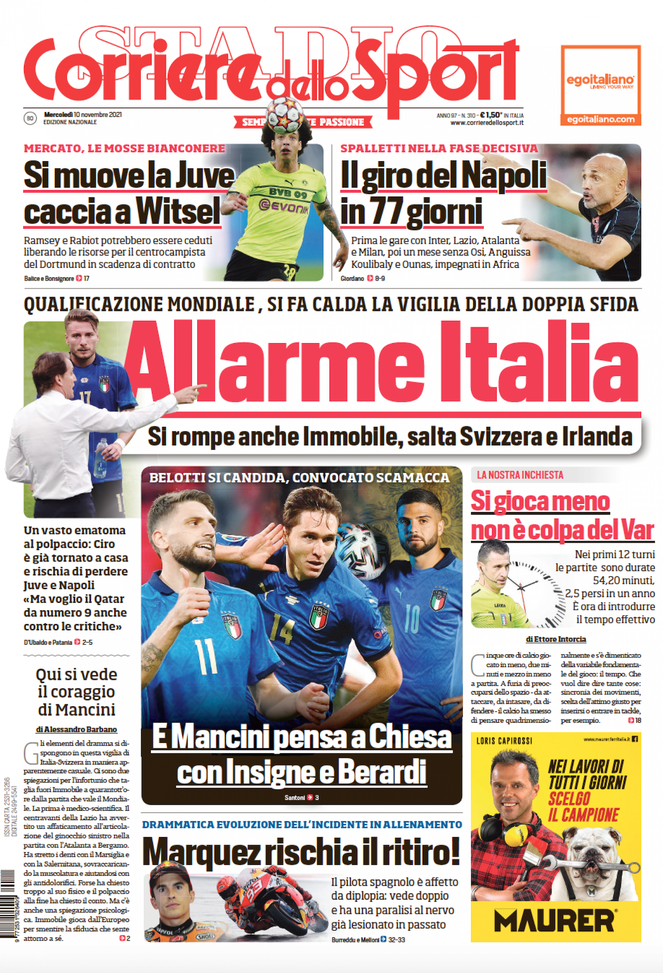 EDICOLA CDS – Allarme Italia, si rompe anche Immobile. E Mancini pensa a Chiesa - immagine 1