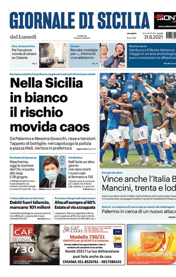 Prima Pagina, Giornale di Sicilia: &#8220;Nella Sicilia in bianco il rischio movida caos&#8221; 