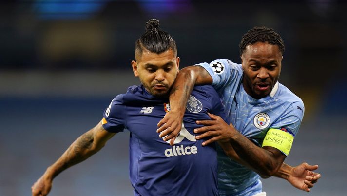 MANCHESTER, ENGLAND - OCTOBER 21: Raheem Sterling of Manchester City battles for possession with Jesus Manuel Corona of FC Porto during the UEFA Champions League Group C stage match between Manchester City and FC Porto at Etihad Stadium on October 21, 2020 in Manchester, England. Sporting stadiums around the UK remain under strict restrictions due to the Coronavirus Pandemic as Government social distancing laws prohibit fans inside venues resulting in games being played behind closed doors. (Photo by Tim Keeton - Pool/Getty Images) MANCHESTER, ENGLAND - OCTOBER 21: Raheem Sterling of Manchester City battles for possession with Jesus Manuel Corona of FC Porto during the UEFA Champions League Group C stage match between Manchester City and FC Porto at Etihad Stadium on October 21, 2020 in Manchester, England. Sporting stadiums around the UK remain under strict restrictions due to the Coronavirus Pandemic as Government social distancing laws prohibit fans inside venues resulting in games being played behind closed doors. (Photo by Tim Keeton - Pool/Getty Images)