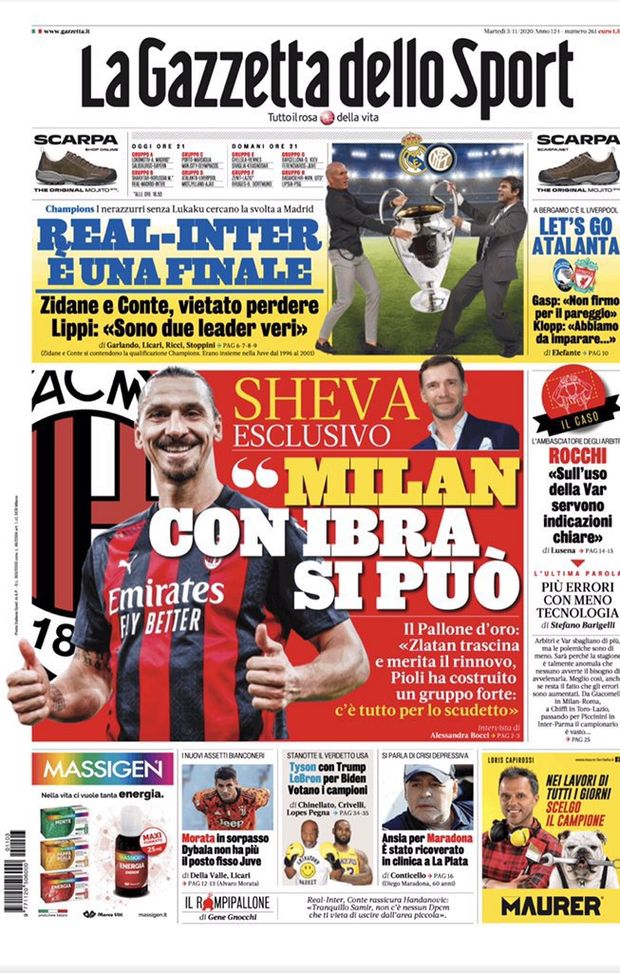 La prima pagina della Gazzetta dello Sport, in edicola oggi, 3 novembre 2020 