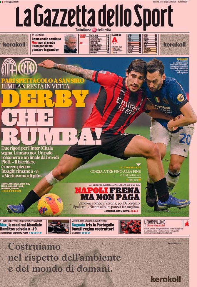 La prima pagina de 'La Gazzetta dello Sport', in edicola oggi, 8 novembre 2021 La Gazzetta dello Sport