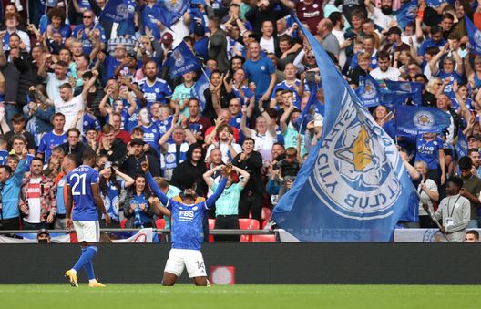LONDON, ENGLAND - AUGUST 07: Kelechi Iheanacho of Leicester City celebrates after scoring their side's first goal during The FA Community Shield Final between Manchester City and Leicester City at Wembley Stadium on August 07, 2021 in London, England. (Photo by Catherine Ivill/Getty Images) LONDON, ENGLAND - AUGUST 07: Kelechi Iheanacho of Leicester City celebrates after scoring their side's first goal during The FA Community Shield Final between Manchester City and Leicester City at Wembley Stadium on August 07, 2021 in London, England. (Photo by Catherine Ivill/Getty Images)