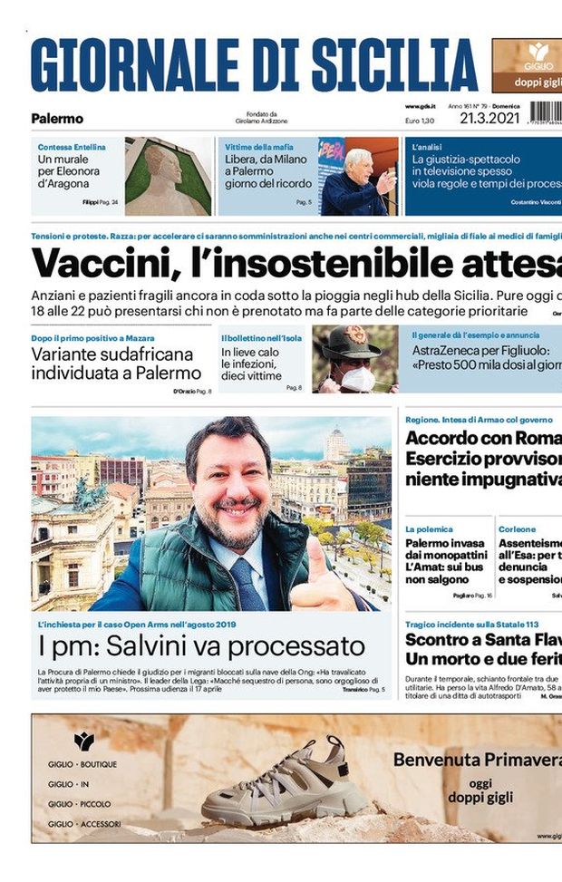 Prima Pagina, Giornale di Sicilia: “Vaccini, l’insostenibile attesa. Variante sudafricana individuata a Palermo” 