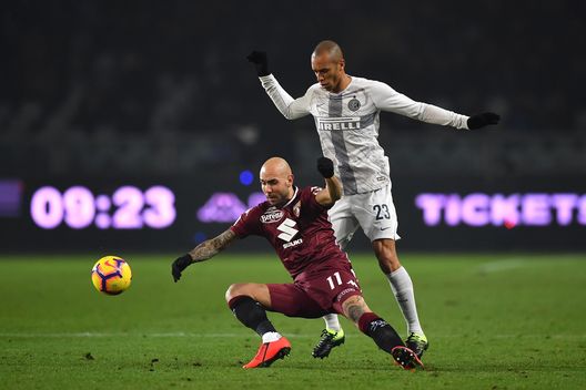 TURIN, ITALY - JANUARY 27: Simone Zaza (L) of Torino FC is tackled by Joao Miranda of FC Internazionale during the Serie A match between Torino FC and FC Internazionale at Stadio Olimpico di Torino on January 27, 2019 in Turin, Italy. (Photo by Valerio Pennicino/Getty Images) TURIN, ITALY - JANUARY 27: Simone Zaza (L) of Torino FC is tackled by Joao Miranda of FC Internazionale during the Serie A match between Torino FC and FC Internazionale at Stadio Olimpico di Torino on January 27, 2019 in Turin, Italy. (Photo by Valerio Pennicino/Getty Images)