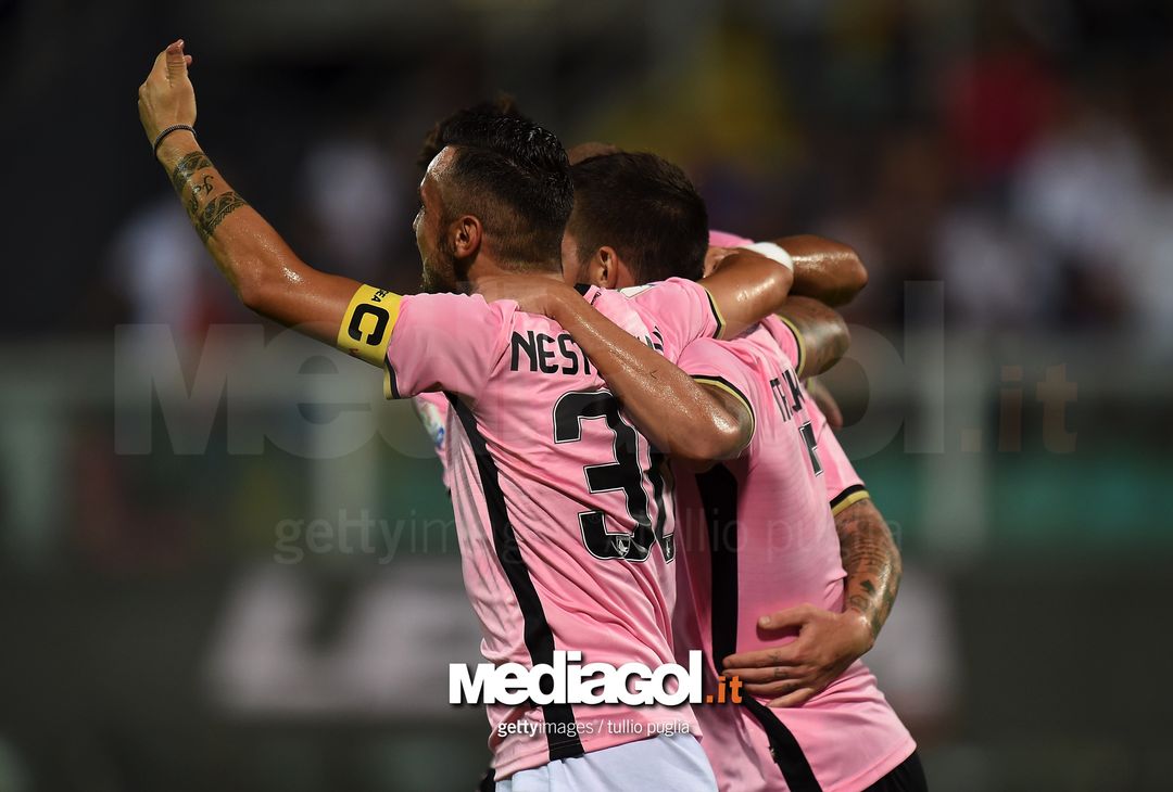  PALERMO, ITALY - AUGUST 06:  Aleksandar Trajkovski of Palermo is celebrates after scoring the opening goal during the Tim Cup match between US Citta' di Palermo and Virtus Francavilla at Renzo Barbera Stadium on August 6, 2017 in Palermo, Italy.  (Photo by Tullio M. Puglia/Getty Images)  