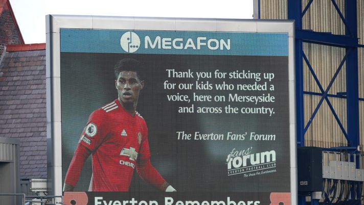 LIVERPOOL, ENGLAND - NOVEMBER 07: A message for Marcus Rashford of Manchester United is seen on the LED screen inside the stadium prior to the Premier League match between Everton and Manchester United at Goodison Park on November 07, 2020 in Liverpool, England. Sporting stadiums around the UK remain under strict restrictions due to the Coronavirus Pandemic as Government social distancing laws prohibit fans inside venues resulting in games being played behind closed doors. (Photo by Clive Brunskill/Getty Images) LIVERPOOL, ENGLAND - NOVEMBER 07: A message for Marcus Rashford of Manchester United is seen on the LED screen inside the stadium prior to the Premier League match between Everton and Manchester United at Goodison Park on November 07, 2020 in Liverpool, England. Sporting stadiums around the UK remain under strict restrictions due to the Coronavirus Pandemic as Government social distancing laws prohibit fans inside venues resulting in games being played behind closed doors. (Photo by Clive Brunskill/Getty Images)