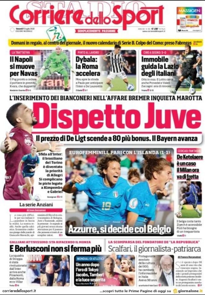 Prima pagina Corriere dello Sport 15/07/2022