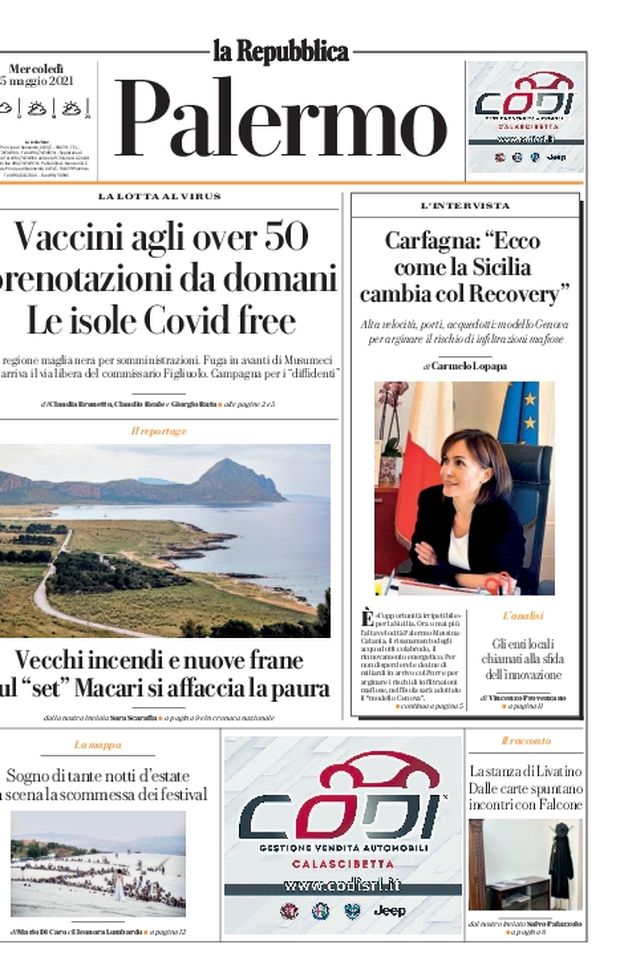 Prima Pagina, La Repubblica-Palermo: “Vaccini agli over 50, prenotazioni da domani. Le Isole Covid free” Prima Pagina, La Repubblica-Palermo: “Vaccini agli over 50, prenotazioni da domani. Le Isole Covid free”