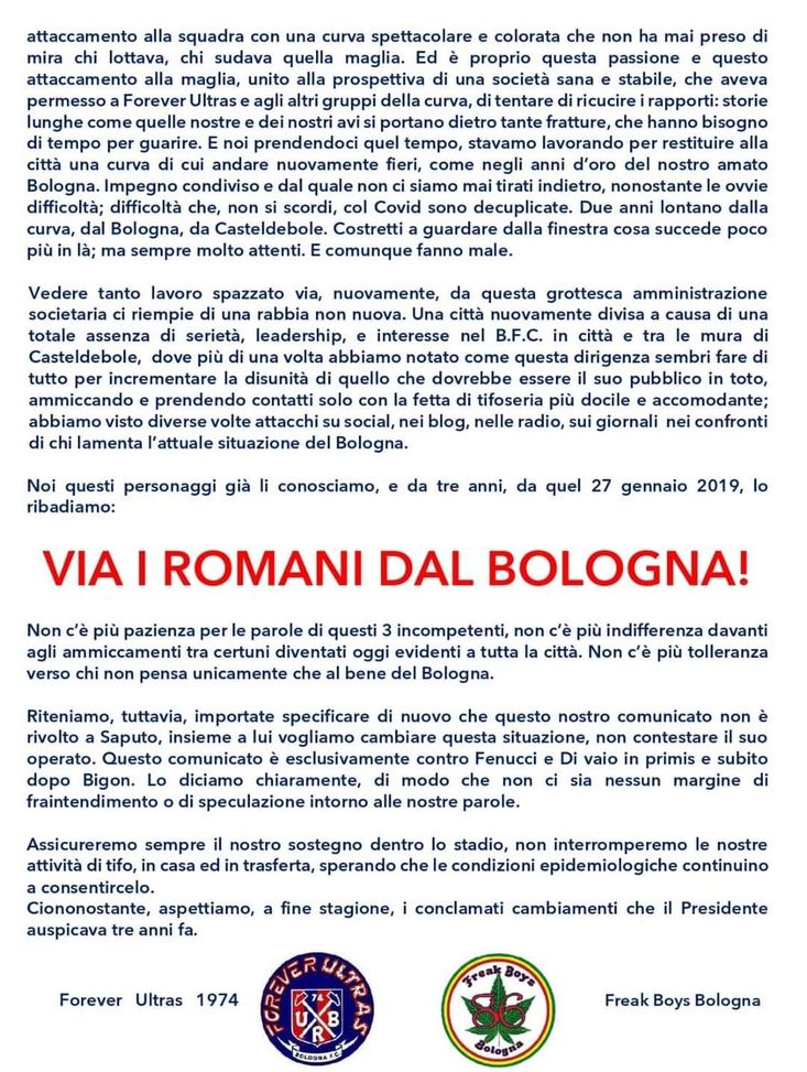 Bologna – Duro comunicato dei Forever Ultras: “Via i romani dal Bologna”- immagine 3