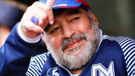 MAR DEL PLATA, ARGENTINA - NOVEMBER 10: Diego Maradona, head coach of Gimnasia y Esgrima La Plata, gestures before a match between Aldosivi and Gimnasia y Esgrima La Plata as part of Superliga 2019/20 at Estadio Jose Maria Minella on November 10, 2019 in Mar del Plata, Argentina. (Photo by Marcos Brindicci/Getty Images)