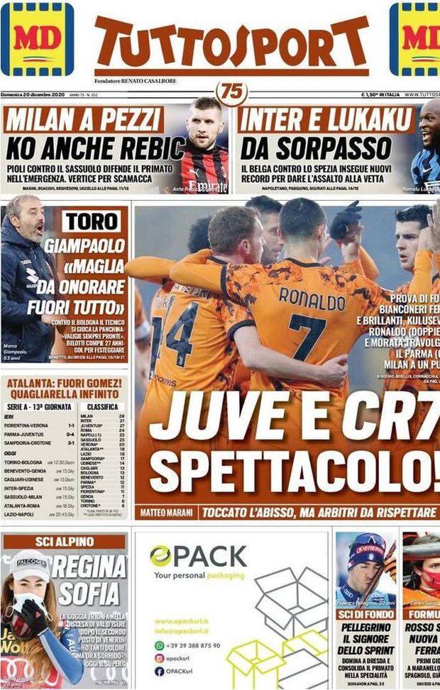 Tuttosport, la prima pagina di oggi, domenica 20 dicembre 2020 