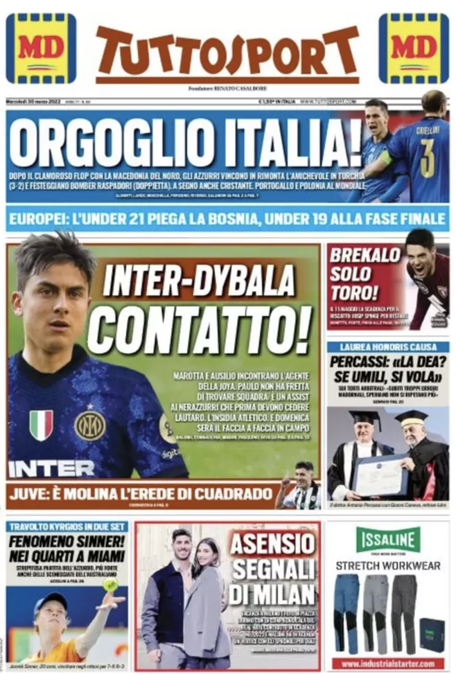 Prima Pagina, Tuttosport: “Orgoglio Italia! Dybala-Inter, contatto”  prima pagina