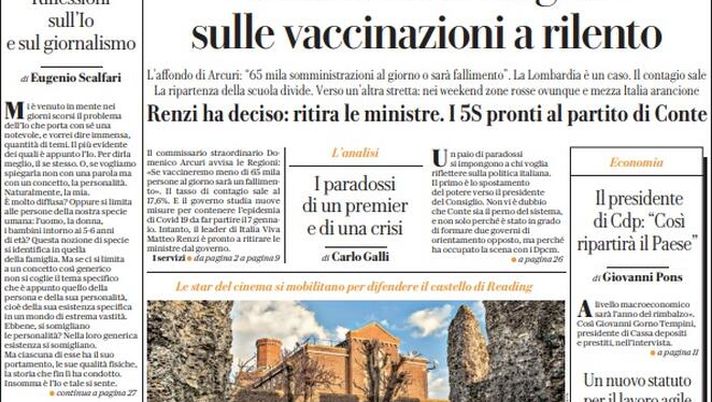 Prima Pagina, La Repubblica: “Vaccinazioni a rilento, scontro Stato-Regioni. Affondo Arcuri, strategia 5S” 
