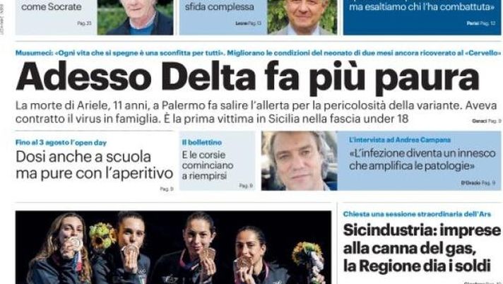 Prima Pagina, Giornale di Sicilia: “Delta fa più paura. Bronzo che profuma di Sicilia” Prima Pagina, Giornale di Sicilia: “Delta fa più paura. Bronzo che profuma di Sicilia”