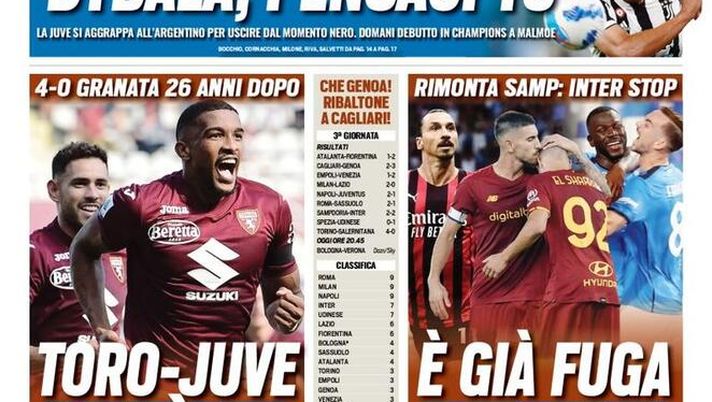 Prima Pagina, Tuttosport: “Dybala pensaci tu. È già fuga per tre” Prima Pagina, Tuttosport: “Dybala pensaci tu. È già fuga per tre”