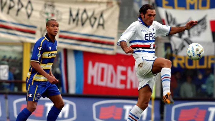 PARMA, ITALY - OCTOBER 5:   Matteo Ferrari of Parma and Fabio Bazzani of Sampdoria in action during the Serie A match between Parma and Sampdoria at the Tardinin Stadium October 5, 2003 in Parma, Italy.  (Photo by Getty Images)