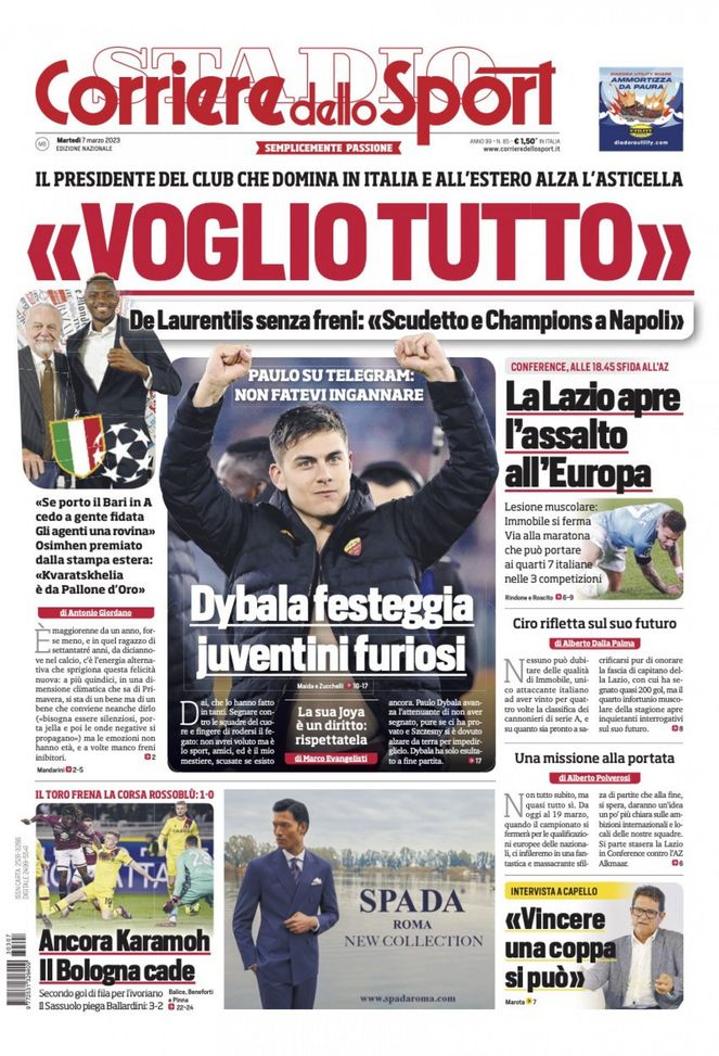 EDICOLA CDS – De Laurentiis senza freni: “Voglio tutto”. Dybala festeggia, juventini furiosi EDICOLA CDS – De Laurentiis senza freni: “Voglio tutto”. Dybala festeggia, juventini furiosi - immagine 1
