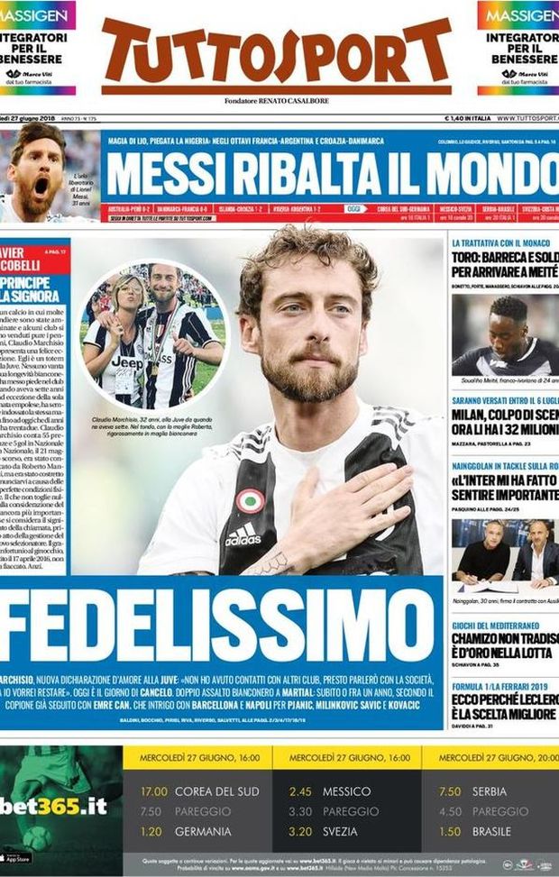 Prima Pagina, Tuttosport: “Fedelissimo. Messi ribalta il mondo. Nainggolan in tackle sulla Roma…” Prima Pagina, Tuttosport: “Fedelissimo. Messi ribalta il mondo. Nainggolan in tackle sulla Roma…”