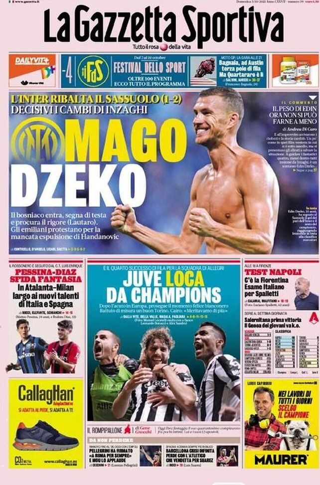 La prima pagina de La Gazzetta dello Sport, in edicola oggi 3 ottobre 2021 Gazzetta dello Sport