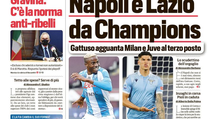 Prima Pagina, Corriere dello Sport: “Napoli e Lazio da Champions. Minacce shock al figlio di Pirlo” 