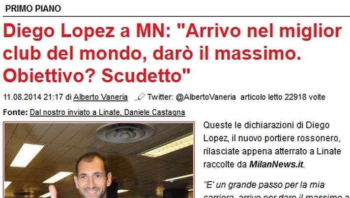 Diego Lopez a MN: “Arrivo nel miglior club del mondo, darò il massimo. Obiettivo? Scudetto” Diego Lopez a MN: “Arrivo nel miglior club del mondo, darò il massimo. Obiettivo? Scudetto” - immagine 1