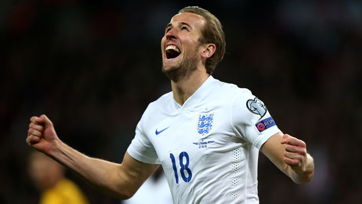 LONDON, ENGLAND - MARCH 27:  Harry Kane of England celebrates after scoring on his debut during the EURO 2016 Qualifier match between England and Lithuania at Wembley Stadium on March 27, 2015 in London, England.  (Photo by Ian Walton/Getty Images) 