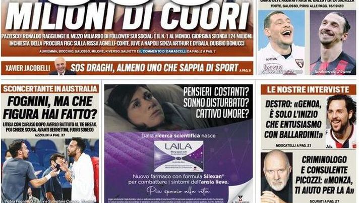 Prima pagina, Tuttosport: “CR7, 500 milioni di cuori. Belotti, il Milan alza il pressing” 