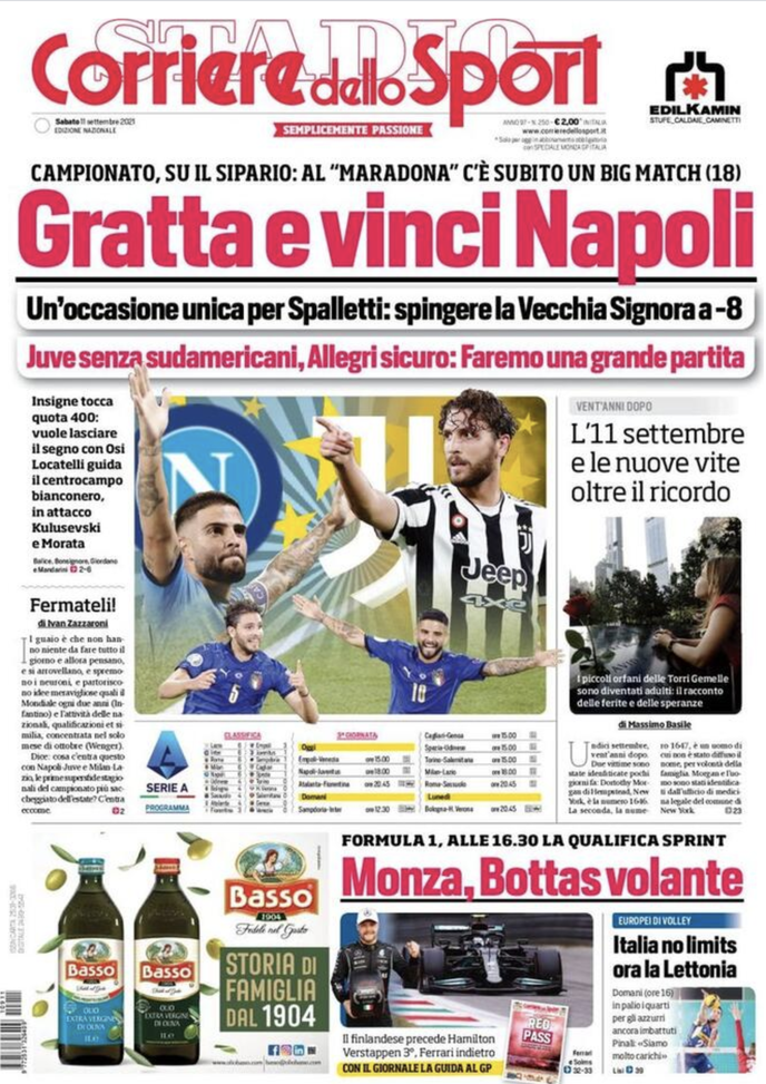 Prima Pagina, Corriere dello Sport: &#8220;Gratta e vinci Napoli, Juve senza sudamericani&#8221; 