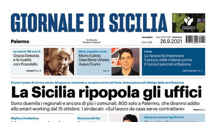 Prima Pagina Giornale di Sicilia: “La saga infinita dei Maldini. Palermo prova a rilanciarsi” 