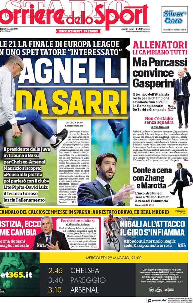 Prima Pagina, Corriere dello Sport: “Agnelli da Sarri. Allenatori, li cambiano tutti”  Prima Pagina, Corriere dello Sport: “Agnelli da Sarri. Allenatori, li cambiano tutti”