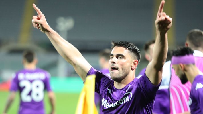 FLORENCE, ITALY - APRIL 20: Riccardo Sottil of ACF Fiorentina celebrates after scoring a goal during the UEFA Europa Conference League quarterfinal second leg match between ACF Fiorentina and Lech Poznan at Stadio Artemio Franchi on April 20, 2023 in Florence, Italy. (Photo by Gabriele Maltinti/Getty Images) Sottil