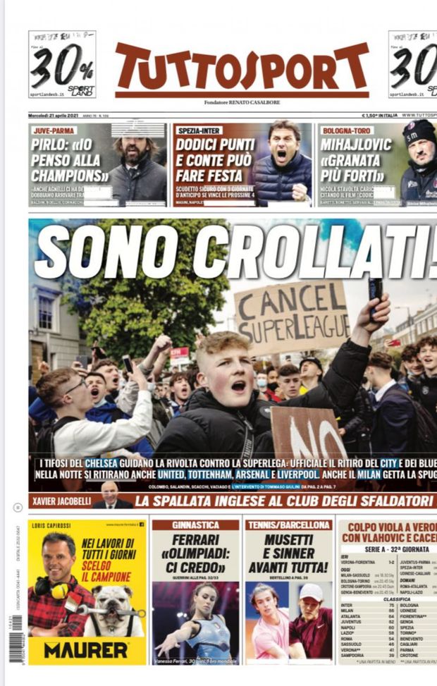 Prima Pagina, Tuttosport: “Sono crollati! Anche il Milan getta la spugna. Dodici punti e Conte può fare festa” 