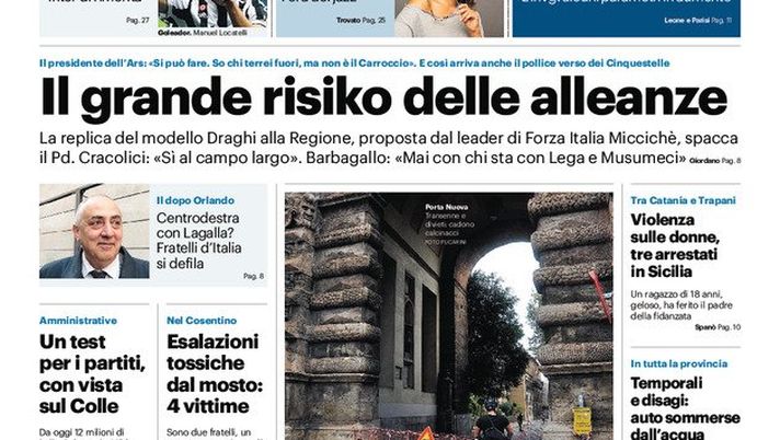 Prima Pagina, Giornale di Sicilia: “Il grande risiko delle alleanze”  Prima Pagina, Giornale di Sicilia: “Il grande risiko delle alleanze” - immagine 1
