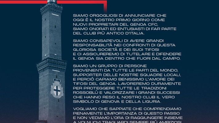 Genoa a 777 Partners, il messaggio dei nuovi proprietari: “Lavoreremo duramente” 