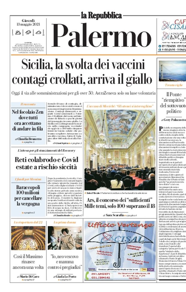 Prima Pagina, La Repubblica-Palermo: “Sicilia, la svolta dei vaccini. Contagi crollati, arriva il giallo” Prima Pagina, La Repubblica-Palermo: “Sicilia, la svolta dei vaccini. Contagi crollati, arriva il giallo”