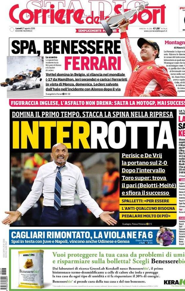 Prima Pagina, Corriere dello Sport: “Inter-rotta. La Roma saluta Kevin. Cagliari rimontato, la Viola ne fa 6…” Prima Pagina, Corriere dello Sport: “Inter-rotta. La Roma saluta Kevin. Cagliari rimontato, la Viola ne fa 6…”