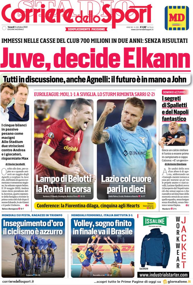 Prima pagina Corriere dello Sport 14/10/2022