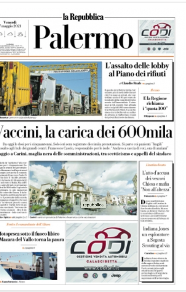 Prima Pagina, La Repubblica Palermo: &#8220;Vaccini, la carica dei 600 mila!&#8221; 