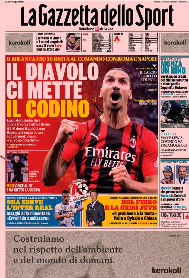 Prima Pagina, La Gazzetta dello Sport: &#8220;Il Diavolo ci mette il codino&#8221; 