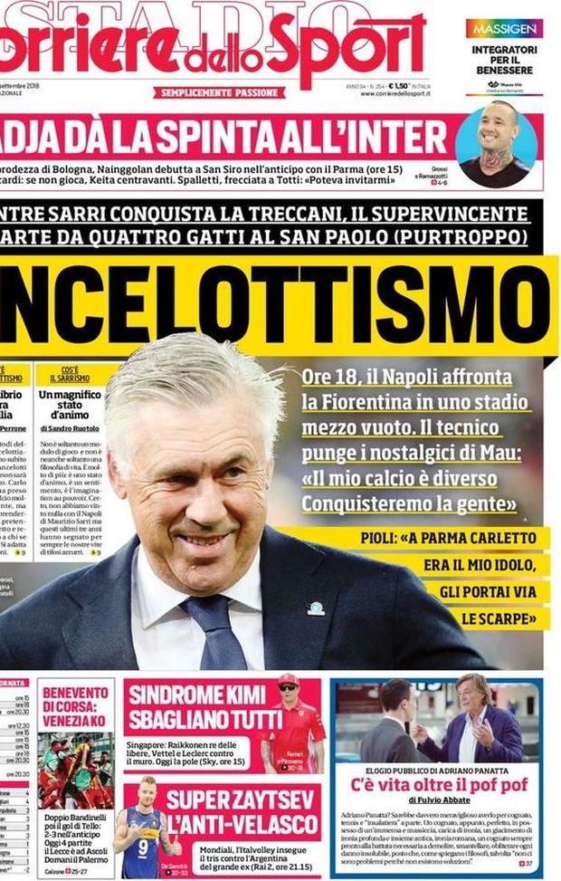 Prima Pagina, Corriere dello Sport: “Ancelottismo. Radja dà la spinta all’Inter. Benevento di corsa…” Prima Pagina, Corriere dello Sport: “Ancelottismo. Radja dà la spinta all’Inter. Benevento di corsa…”