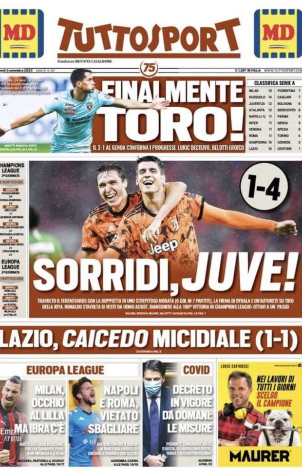 La prima pagina di Tuttosport, in edicola oggi, 5 novembre 2020 