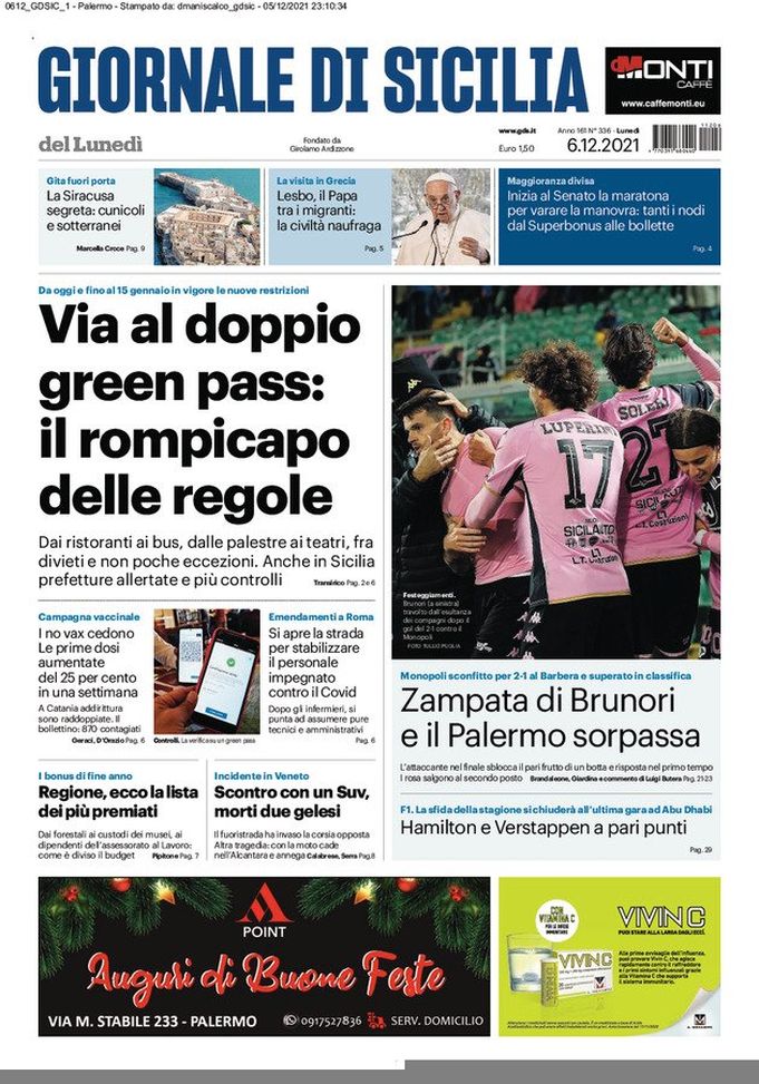 Prima Pagina, Giornale di Sicilia: “Via al doppio green pass” - immagine 1