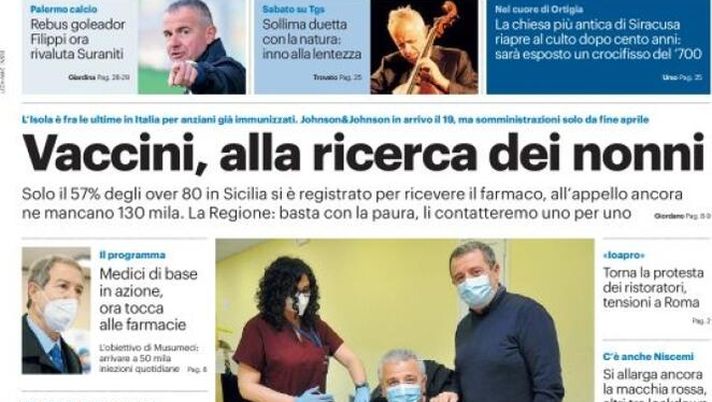 Prima Pagina, Giornale di Sicilia: &#8220;Rebus goleador, Filippi ora rivaluta Saraniti. Vaccini, alla ricerca dei nonni&#8221; 