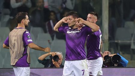 FLORENCE, ITALY - OCTOBER 27: Luka Jovic of ACF Fiorentina celebrates after scoring a goal during the UEFA Europa Conference League group A match between ACF Fiorentina and Istanbul Basaksehir at Stadio Artemio Franchi on October 27, 2022 in Florence, Italy. (Photo by Gabriele Maltinti/Getty Images)