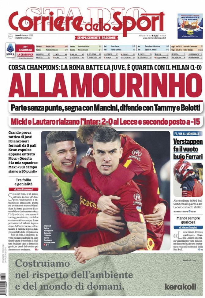 EDICOLA CDS – Alla Mourinho: corsa Champions, la Roma batte la Juve ed è quarta col Milan - immagine 1
