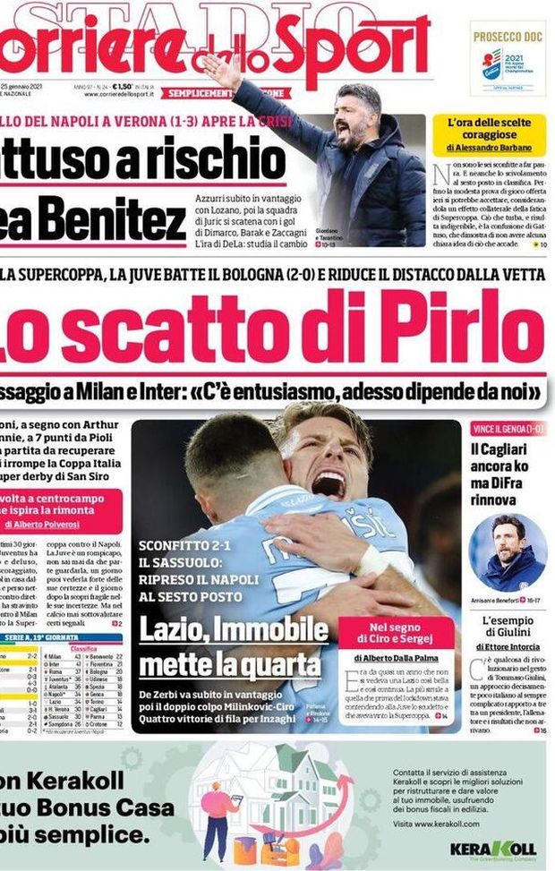 Prima Pagina, Corriere dello Sport: “Lo scatto di Pirlo, messaggio Milan e Inter. Lazio, Immobile mette la quarta” Prima Pagina, Corriere dello Sport: “Lo scatto di Pirlo, messaggio Milan e Inter. Lazio, Immobile mette la quarta”