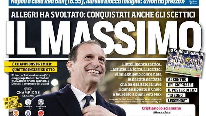 Prima Pagina, Corriere dello Sport: “Il Massimo. Il divieto di Spalletti. E’ Champions Premier” 